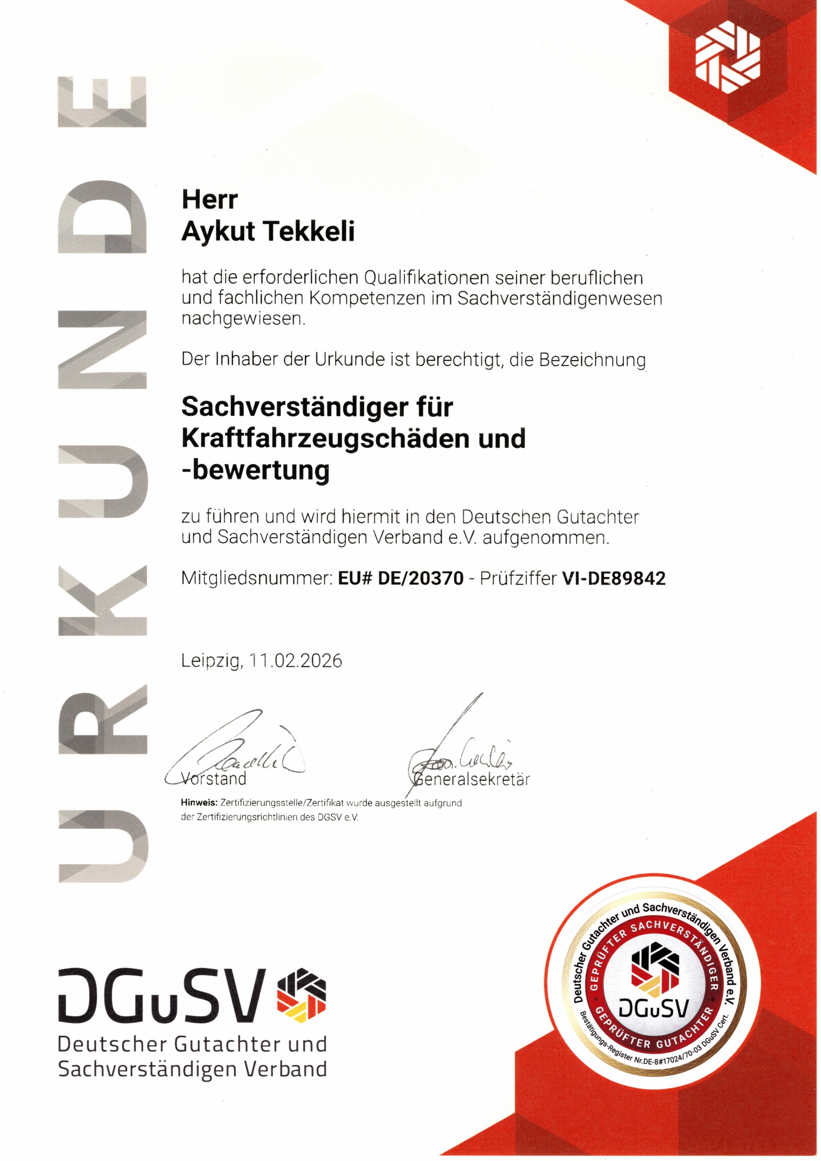 DGuSV Urkunde 2026 – mobicrash Hamburg
